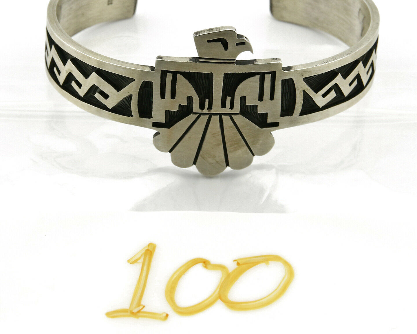 Navajo Handmade Bracelet .925 Silver Thunderbird Overlay Cuff