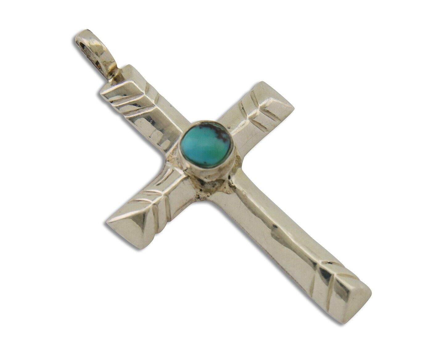 Navajo Sand Cast Cross Pendant 925 Silver Turquoise Artist Signed J Yazzie C.80s