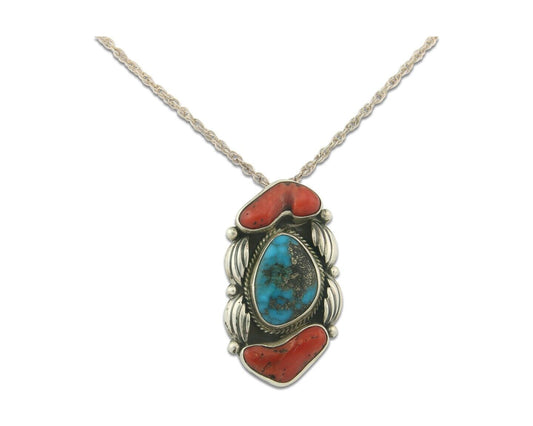 Vintage Navajo Necklace 925 Silver Morenci Turquoise & Coral Signed Tim Yazzie