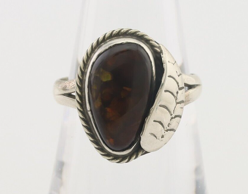 Navajo Handmade Ring 925 Silver Natural Fire Opal Native Artist Size 7.5 C.80's