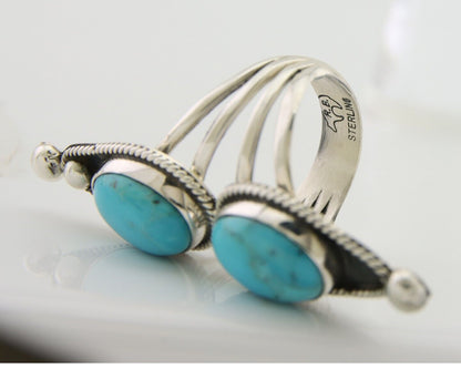 Navajo Ring 925 Silver Natural Blue Turquoise Signed Running Bear C.80's