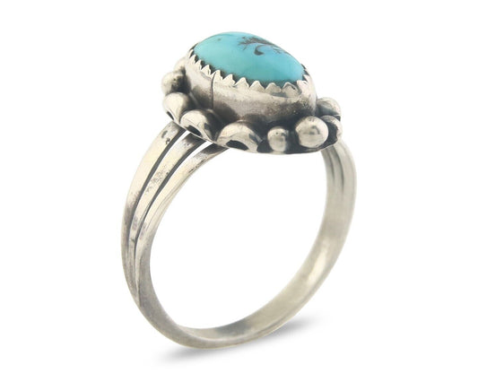 Navajo Ring 925 Sterling Natural Turquoise Native Artist C.80's Size 7.5