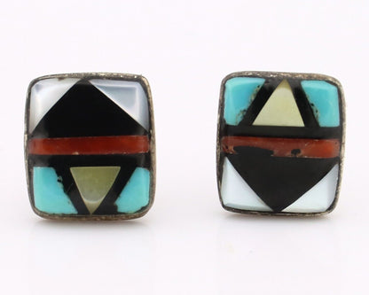 Zuni Earrings 925 Silver Natural Gemstones & Turquoise Native Artist C.80's