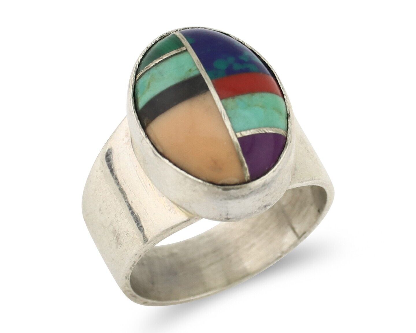 Zuni Inlaid Ring 925 Silver Mixed Natural Gemstones Native American Artist C.80s