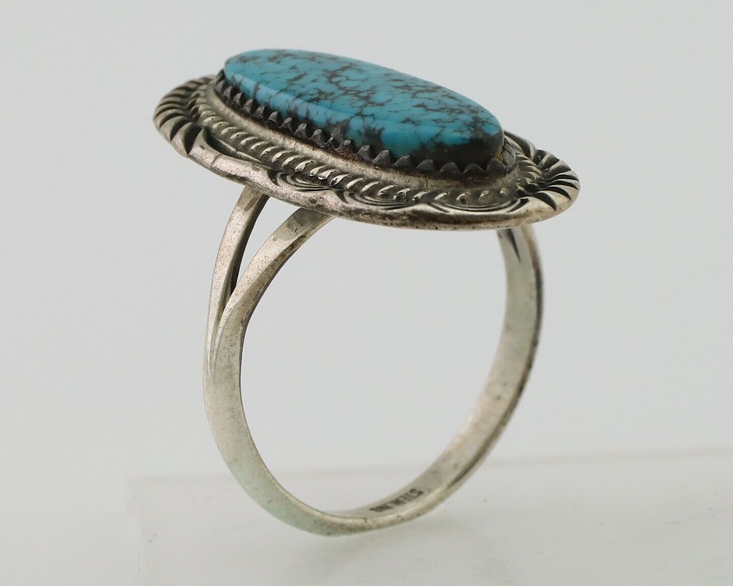Navajo Ring 925 Silver Natural Spiderweb Turquoise Native American Artist C.80's