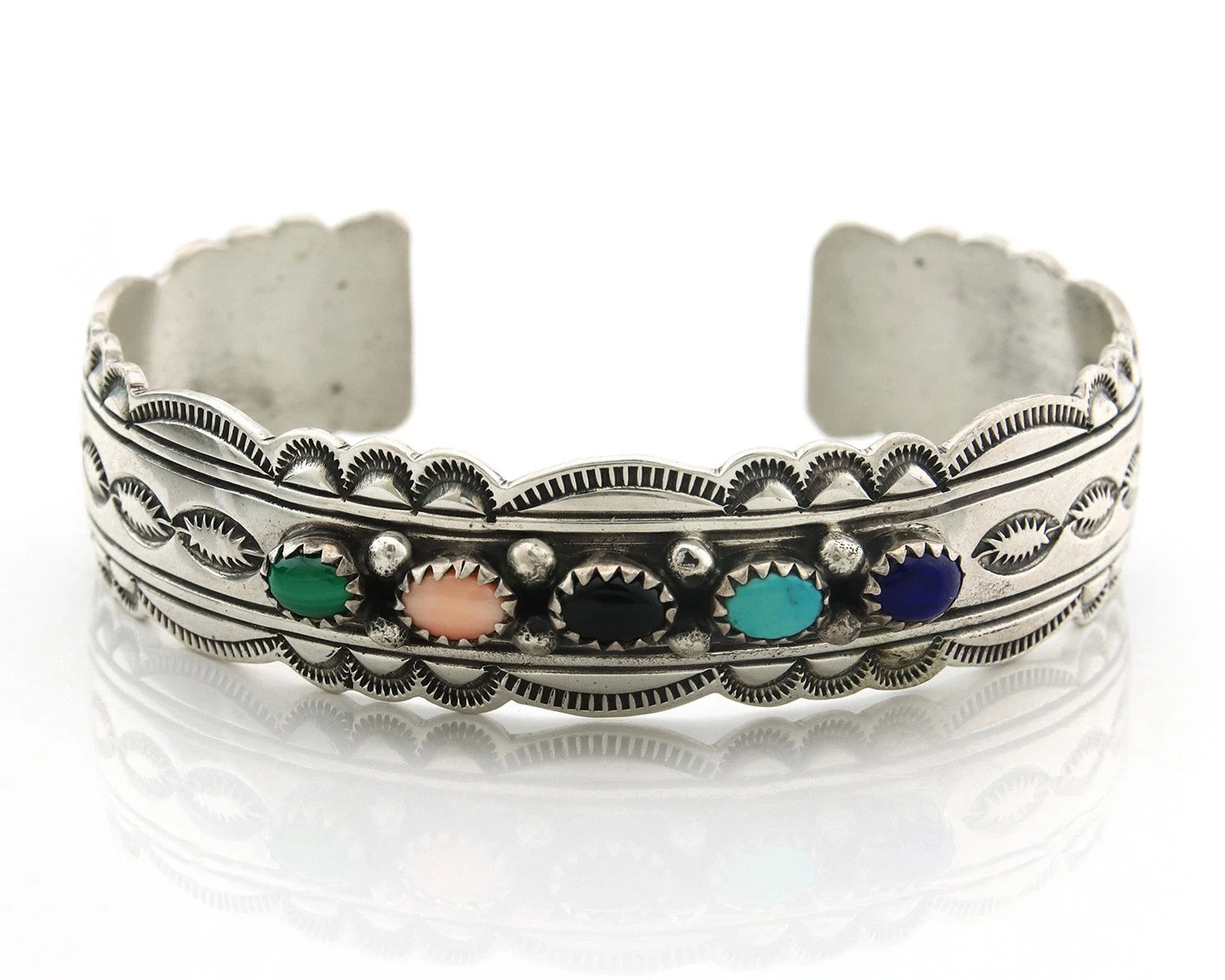 Navajo Cuff Bracelet Sterling Silver Natural Gemstone Vintage Signed W Denetdale