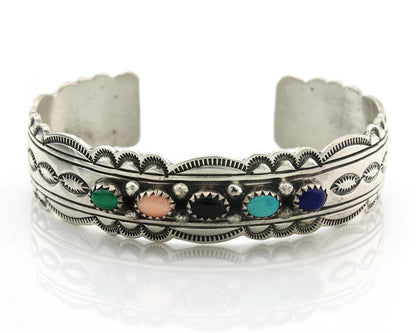 Navajo Cuff Bracelet Sterling Silver Natural Gemstone Vintage Signed W Denetdale
