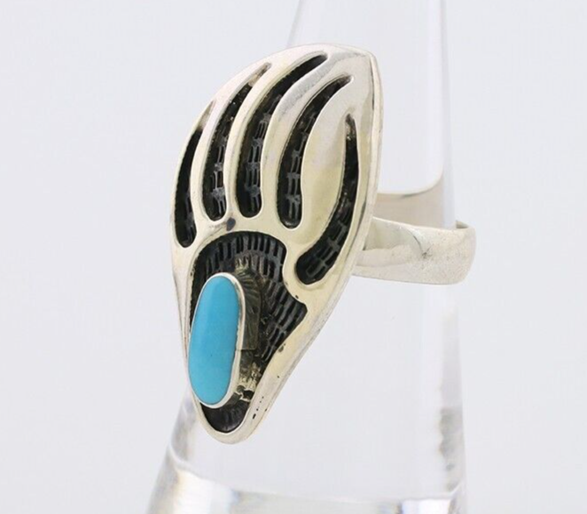 Navajo Badger Paw Ring 925 Silver Turquoise Native American Artist C.80's