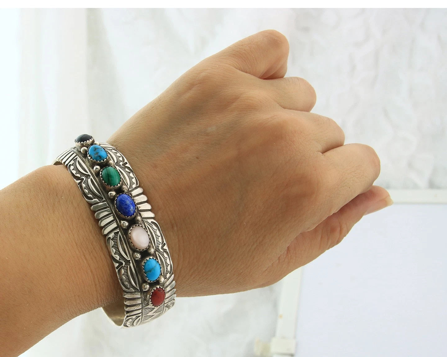 Navajo Cuff Bracelet Sterling Silver Natural Gemstone Vintage Signed WB