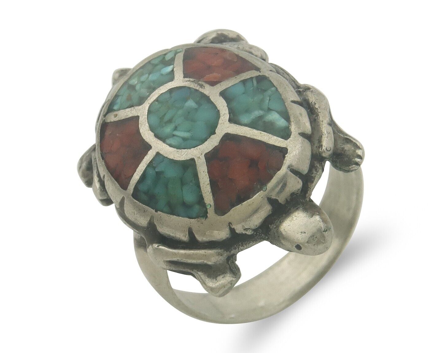 Navajo Ring 925 Silver Inlaid Turtle Turquoise & Coral C.80's Size 6.5