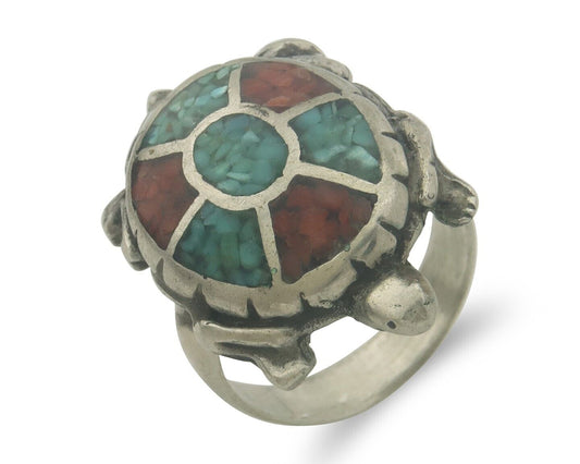Navajo Ring 925 Silver Inlaid Turtle Turquoise & Coral C.80's Size 6.5