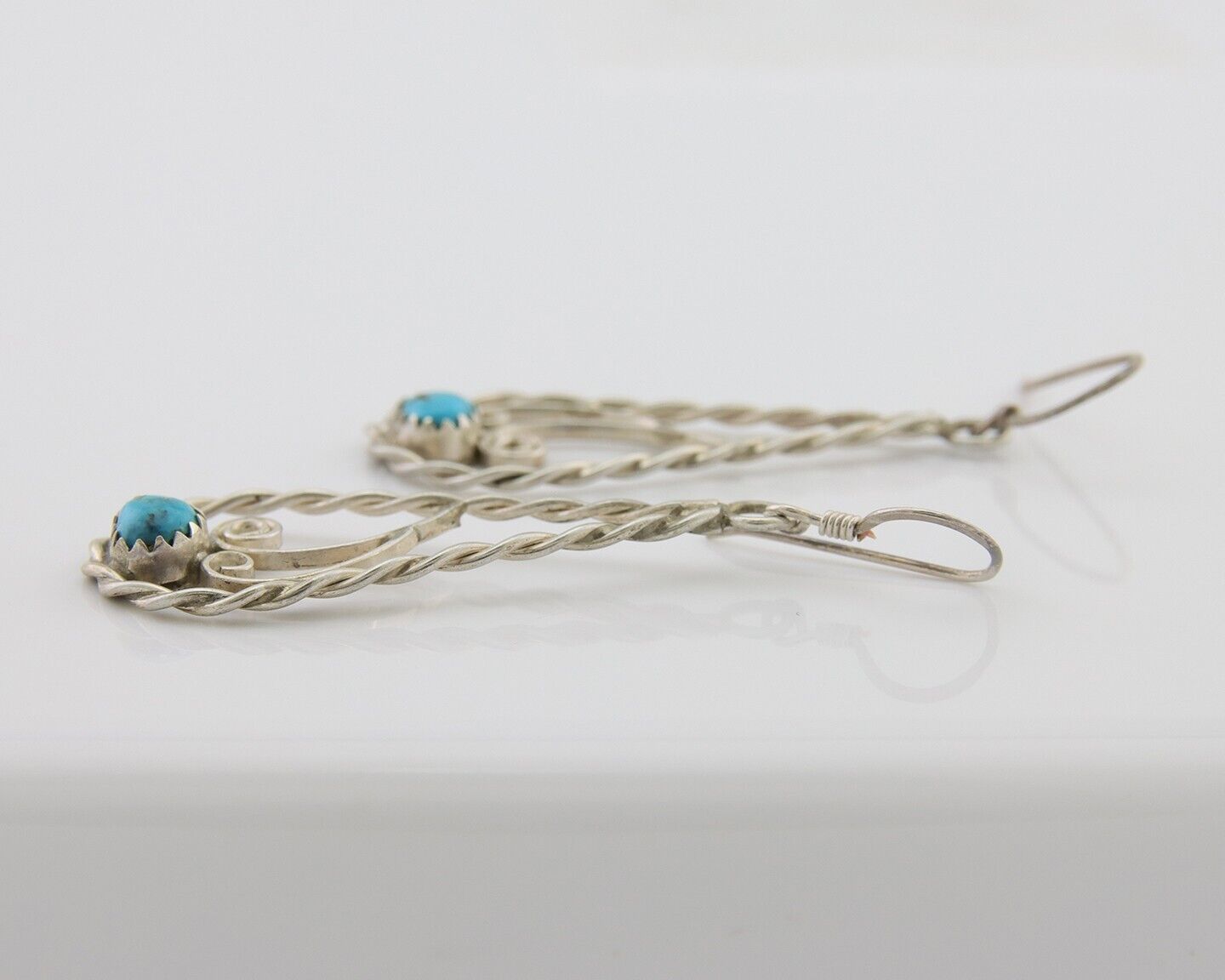 Navajo Dangle Earrings 925 Silver Natural Turquoise Artist Signed JB C.80's