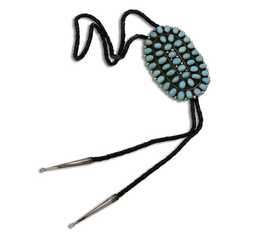 Zuni Handmade Hand Cut Natural Turquoise .925 SOLID Silver Bolo Tie