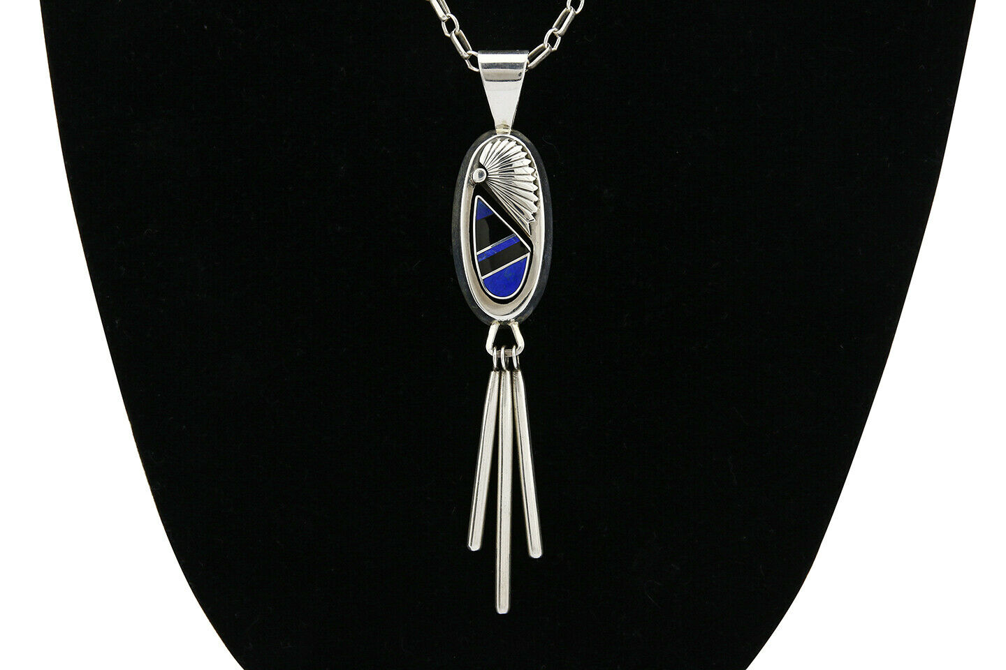 Navajo C. 1980 Artist Signed Natural Lapis & Jet .925 Silver Handmade Pendant