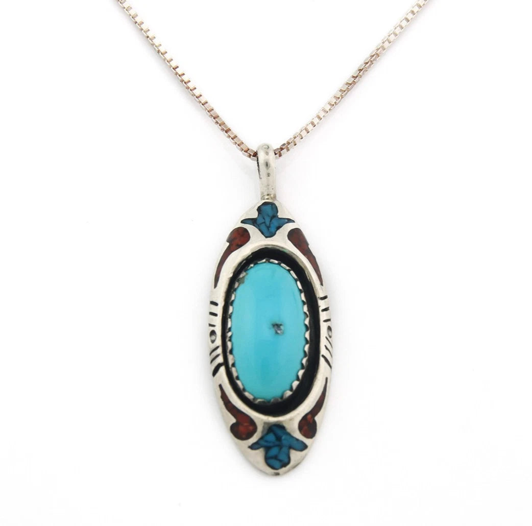 Navajo Necklace Sterling Silver Turquoise Vintage Signed TJW