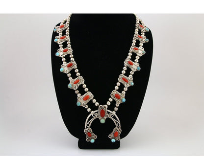 Navajo Coral Turquoise Squash Necklace 925 Silver Native Artist