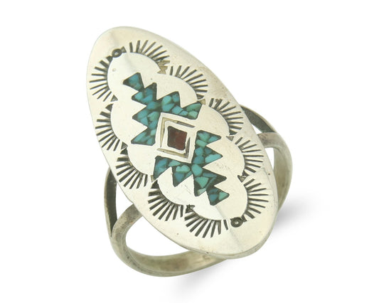 Vintage Navajo Ring 925 Sterling Turquoise & Coral Native Artist Size 8.0