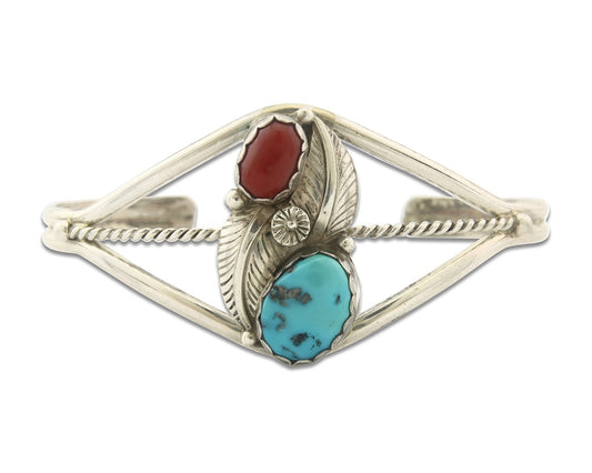 Vintage Navajo Bracelet 925 Silver Red Coral Turquoise Signed Paul J