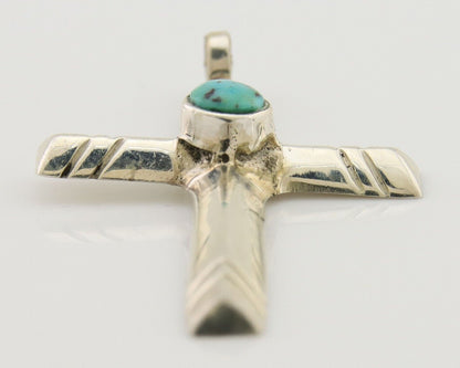 Navajo Sand Cast Cross Pendant 925 Silver Turquoise Artist Signed J Yazzie C.80s
