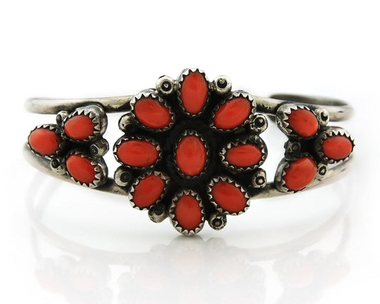 Navajo Cuff Bracelet 925 Sterling Silver Natural Coral Handmade Vintage