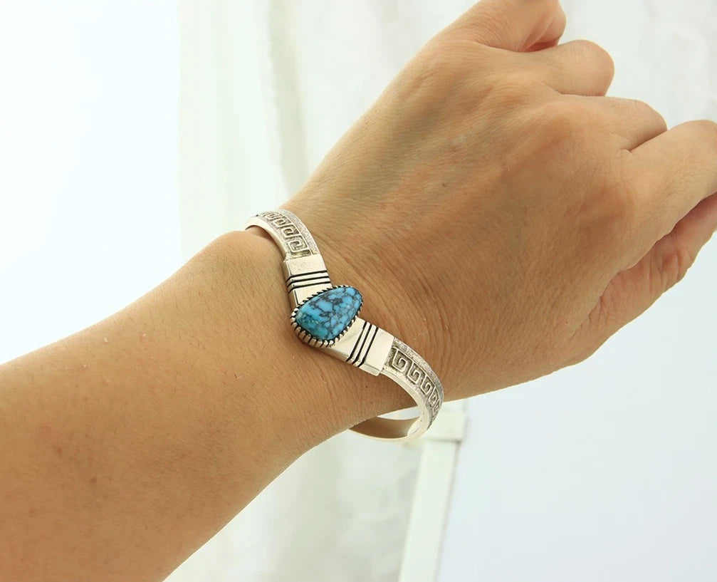 Navajo Cuff Bracelet Silver Spiderweb Turquoise Vintage Signed GNH