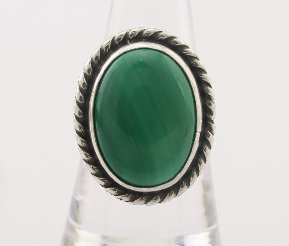 Navajo Ring 925 Silver Natural Malachite Native American Artist Size 8.0 C.80's