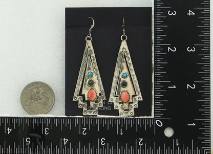 Navajo Dangle Earrings Sterling Silver Natural Gemstones Vintage Signed JWK
