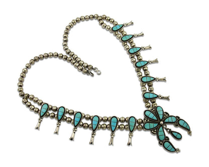 Zuni Squash Necklace 925 Silver Earring Set Turquiose Handmade Signed SM C.80's