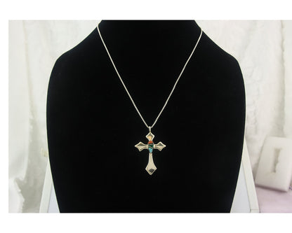 Navajo Cross Necklace Sterling Silver Authentic Natural Gemstones Signed M