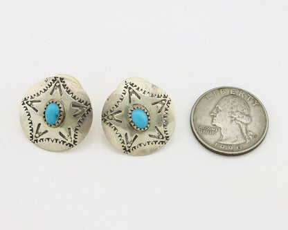 Navajo Hand Stamped Earrings 925 Silver Turquoise Signed KF C.80's