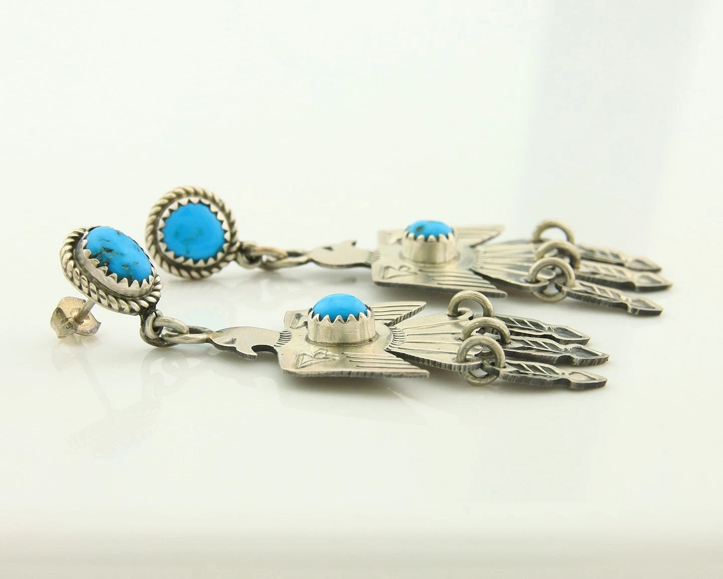 Navajo Bird Earrings Sterling Silver Natural Turquoise Signed J