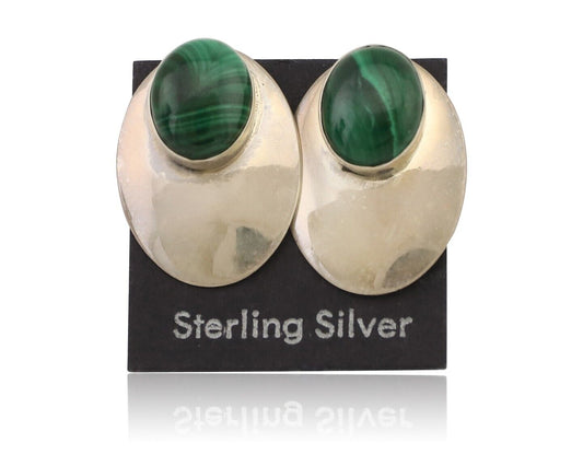 Navajo Shield Earrings 925 Silver Natural Malachite Signed Ella Peters C.80's