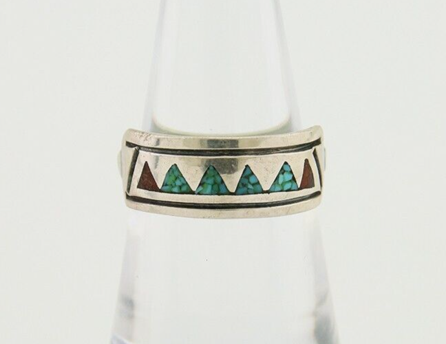 Navajo Handmade Ring 925 Silver Coral & Turquoise Signed SC C.80's