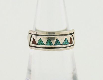 Navajo Handmade Ring 925 Silver Coral & Turquoise Signed SC C.80's