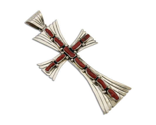 Large Navajo Cross Pendant 925 Silver Mediterranean Coral Artist Signed JB C.80s