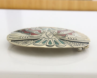 Navajo Belt Buckle .999 Nickel Buffalo Gemstone Signed Chee Keams 3x3.5 in C.80s