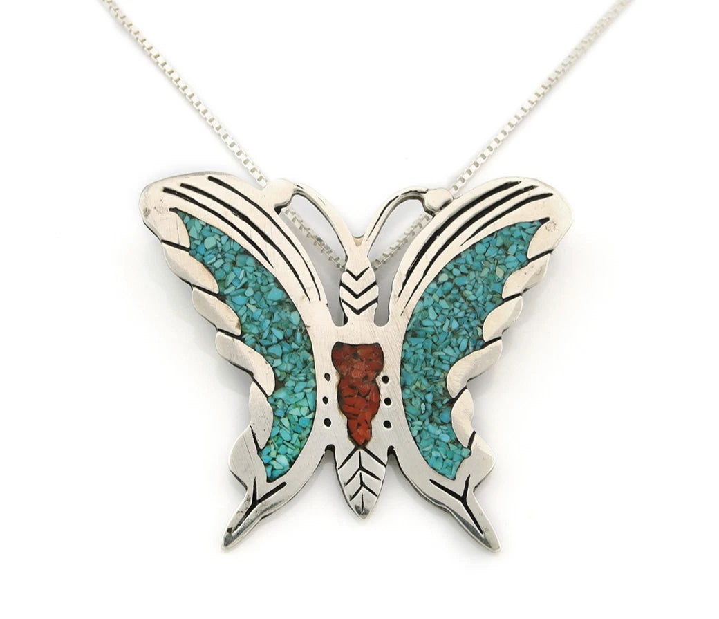 Navajo Butterfly Necklace Sterling Silver Turquoise & Coral Signed RP