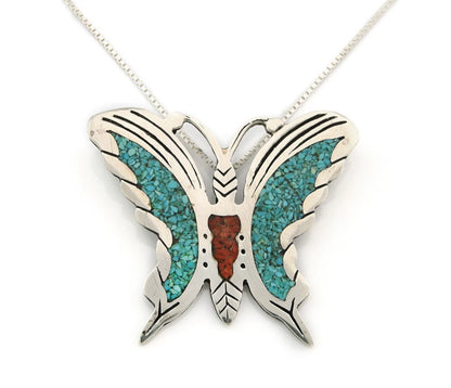 Navajo Butterfly Necklace Sterling Silver Turquoise & Coral Signed RP