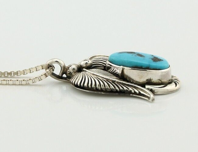 Navajo Necklace 925 Silver Natural Blue Turquoise Signed Bullhead & Feather C80s