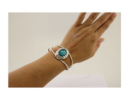 Navajo Hand Stamped Cuff Bracelet Turquoise 925 Silver Native American Artist