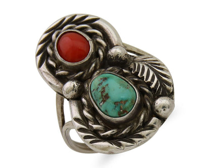 Navajo Handmade Ring 925 Silver Turquoise & Coral Native Artist C.80's