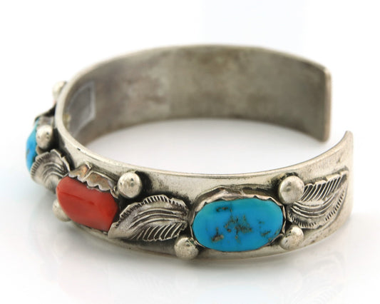Zuni Cuff Bracelet Sterling Silver Natural Coral & Turquoise Signed Simplicio