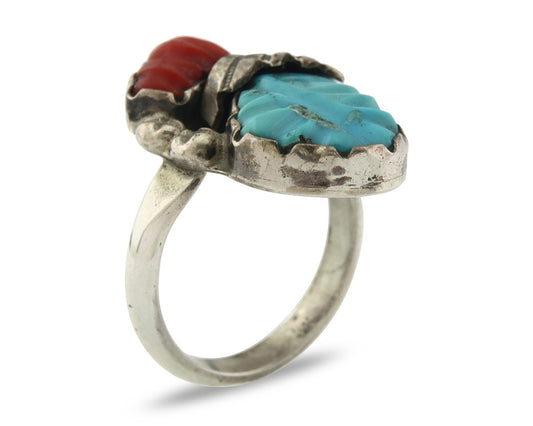 Vintage Zuni Ring 925 Silver Coral $ Turquoise Signed Loyolita Tsottie