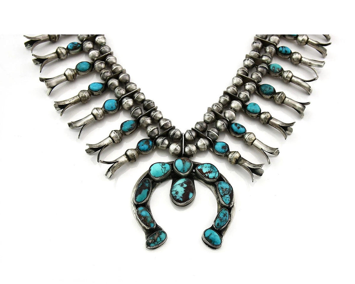 Navajo Squash Necklace Natural Bisbee Turquoise Handmade Vintage C.70's