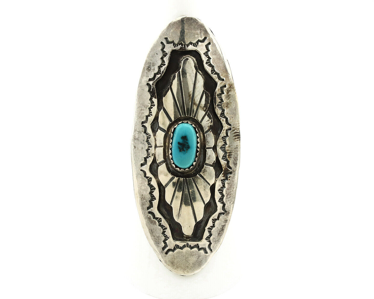 Navajo Shield Ring .925 Silver Blue Turquoise Hand Stamped Native Artist C.80's
