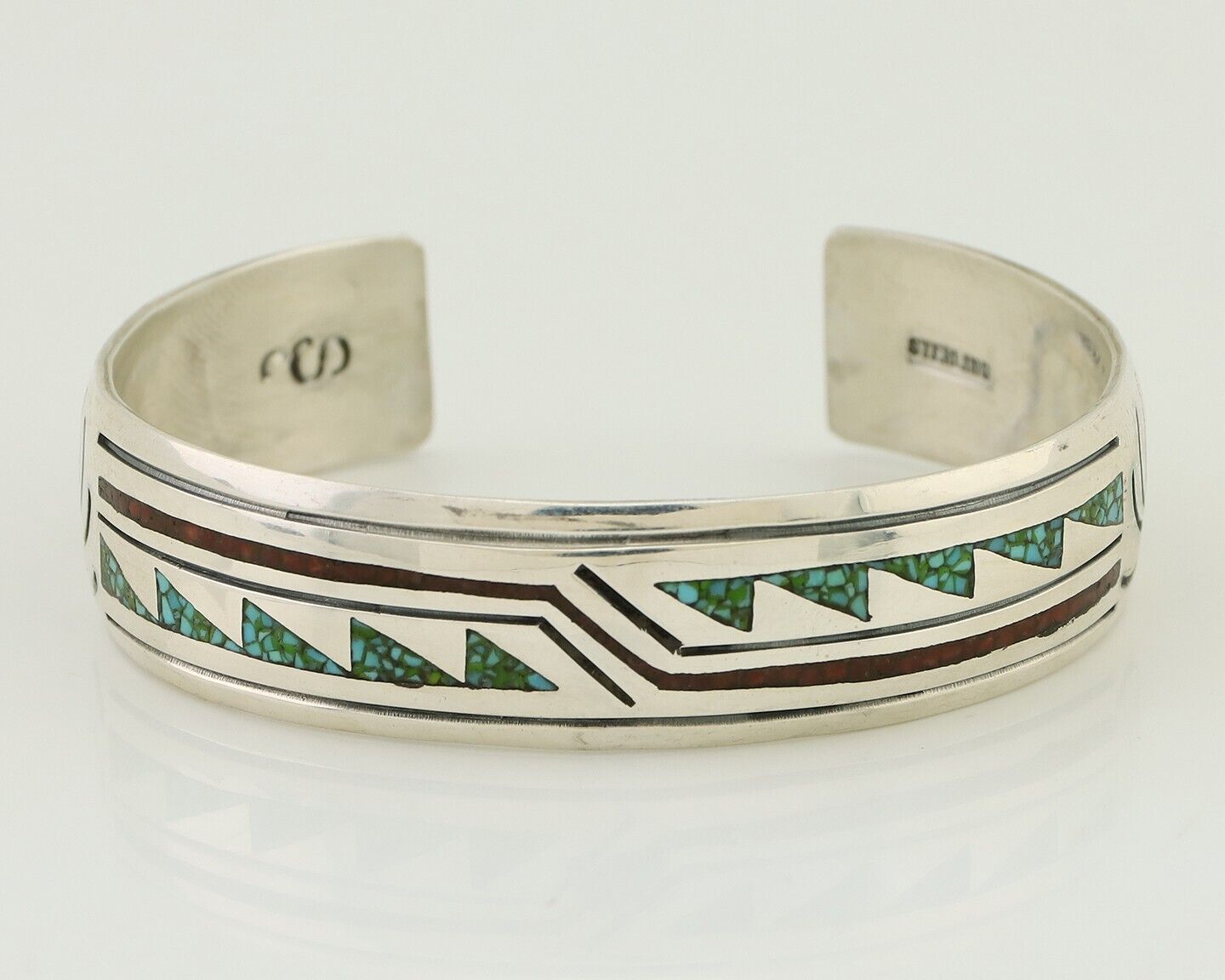 Navajo Inlay Bracelet 925 Silver Turquoise & Coral Signed Stanely Bain C.80's