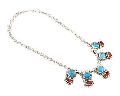 Navajo Necklace 925 Silver Natural Blue Turquoise & Coral Native American C80s