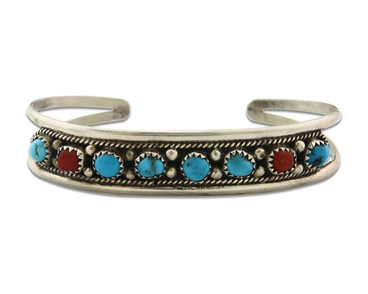 Vintage Navajo Bracelet 925 Silver Red Coral Turquoise Signed FA
