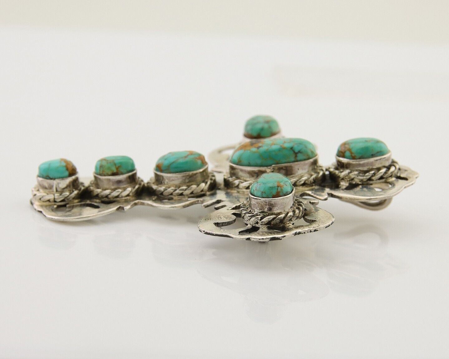 Navajo Pin Pendant 925 Silver Natural Spiderweb Turquoise Artist Signed Sun Set