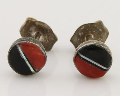 Navajo Earrings 925 Silver Inlaid Natural Onyx & Coral Native Artist C.80's